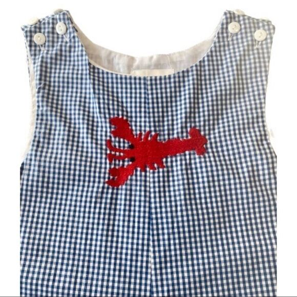 Lobster Embroidered in Red on Navy and White Checkered Overalls Longall 3T  - Picture 2 of 7